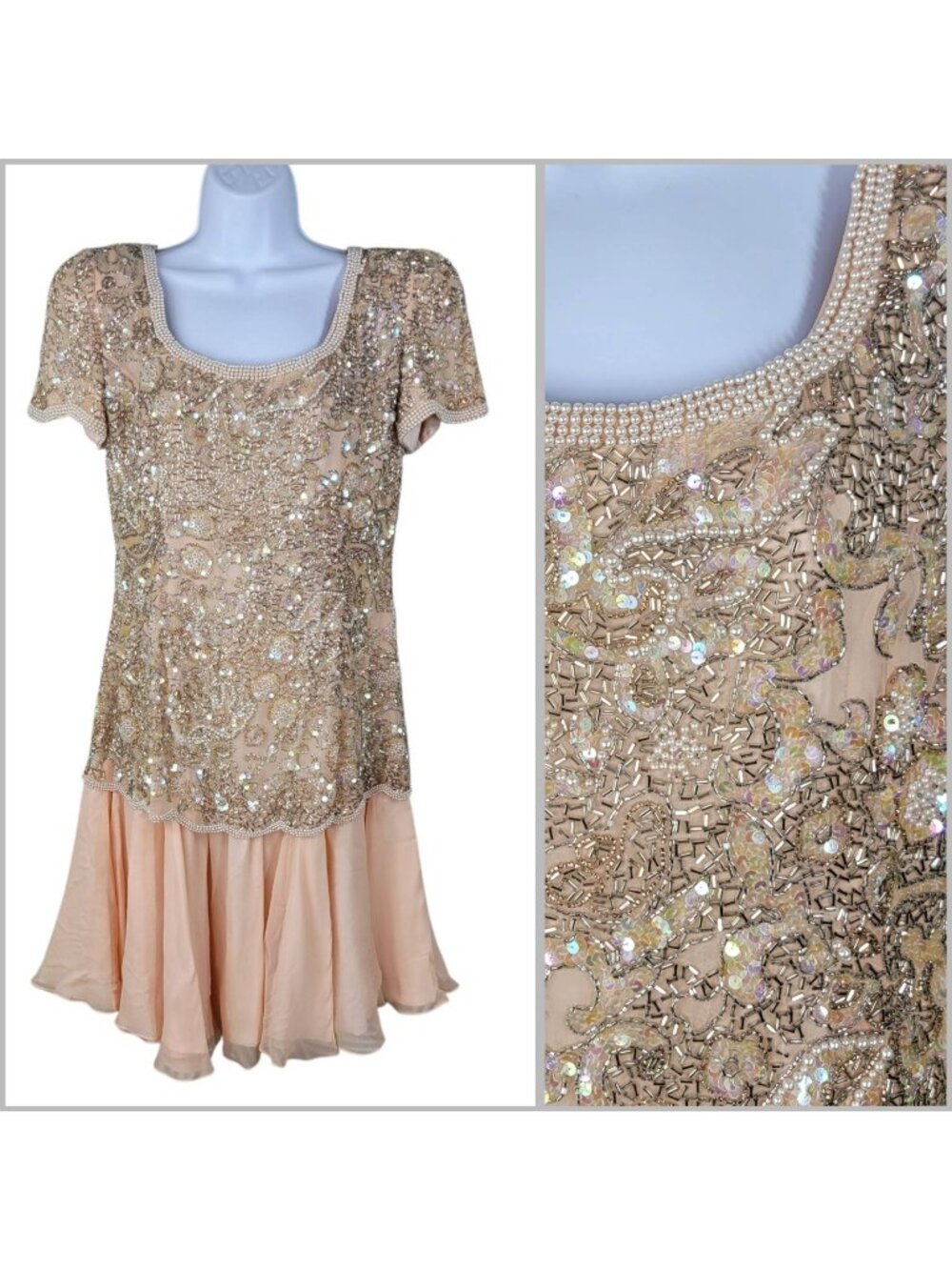 Vintage Sequin Beaded Silk Evening Dress Size 12-14 Chiffon Flare Skirt Pink